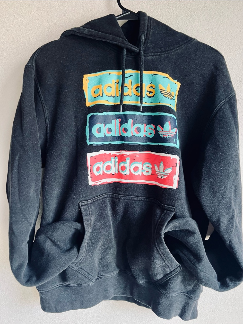 adidas Black Crewneck Hoodie with Yellow, Teal, and Pink Logo Panels